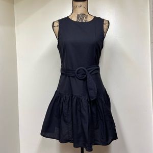 ASOS Black Linen Blend Belted Drop Waist Dress Peplum Ruffle Hem Size 6